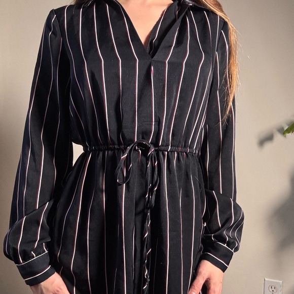 Navy, maroon, and white pinstripe dress - Picture 2 of 7
